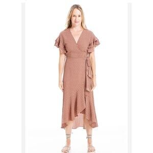 Max Studio rust geo print wrap dress XS flutter sleeve belted midi